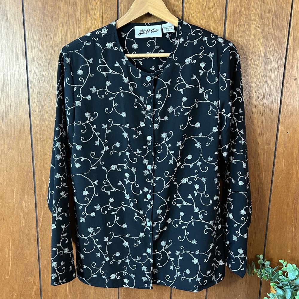 Vintage Yves St Clair Black Floral Embroidered Long Sleeve Button Up Blouse Top‎